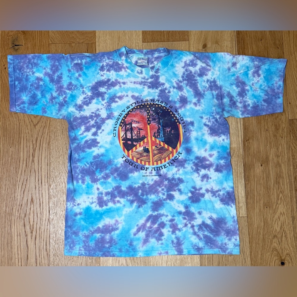Y2K 2002 Crosby Stills Nash & Young Tour of America Blue Tiedye Tee Large